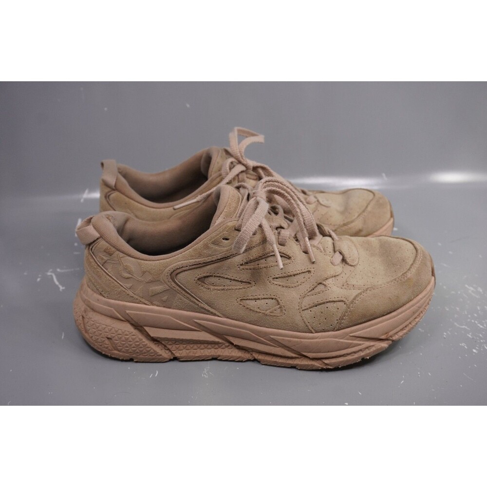 Hoka One One Clifton L Suede Shoes Mens Size 8.5 Beige Running Sneakers Grey